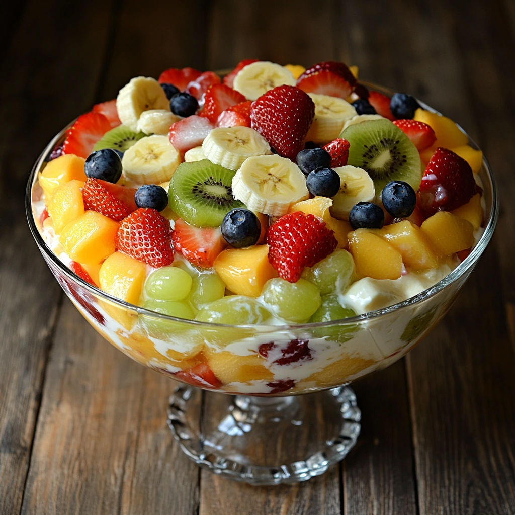 A glass bowl filled with Fruit Salad with Condensed Milk