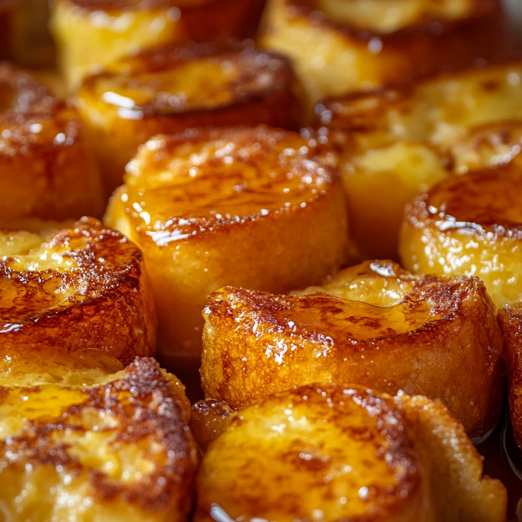 Hawaiian roll French toast pieces, close-up