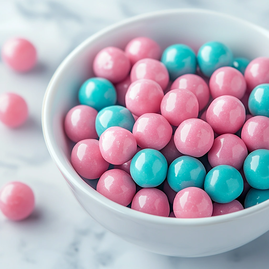 Pink and blue bubble gum balls in a white bowl