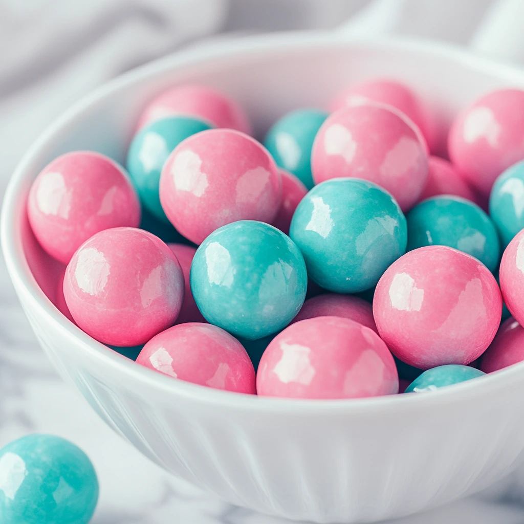 Close-up of pink and blue bubble gum balls in a white bowl