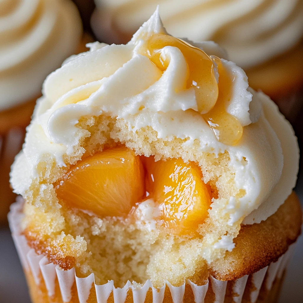 Honey Peach Cream Cheese Cupcake with a bite taken out