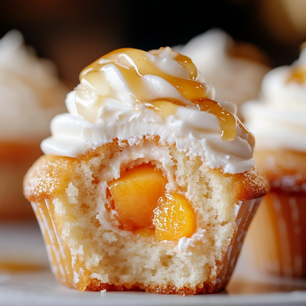 Honey Peach Cream Cheese Cupcake with a bite taken out