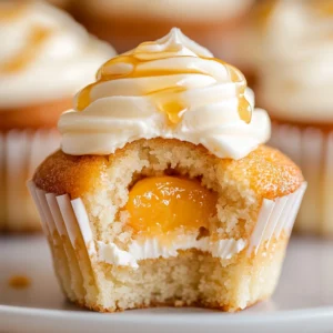 Honey Peach Cream Cheese Cupcake with a bite taken out