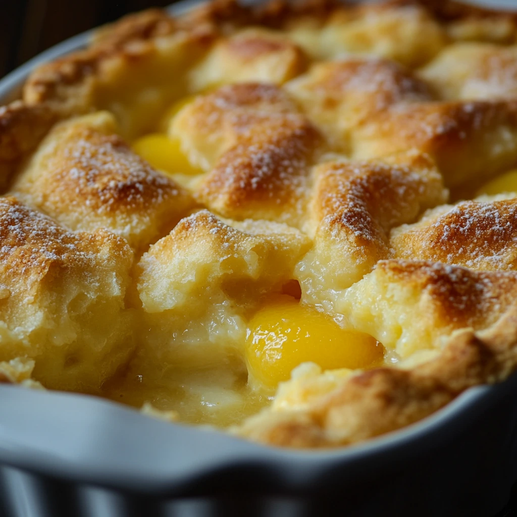 Magic Lemon Cobbler in a white dish
