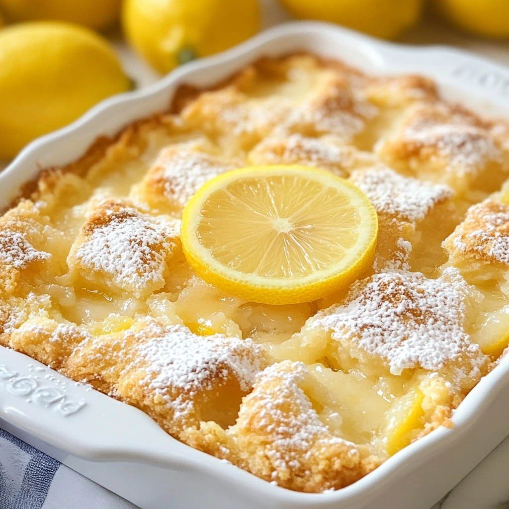 Magic Lemon Cobbler in a white dish
