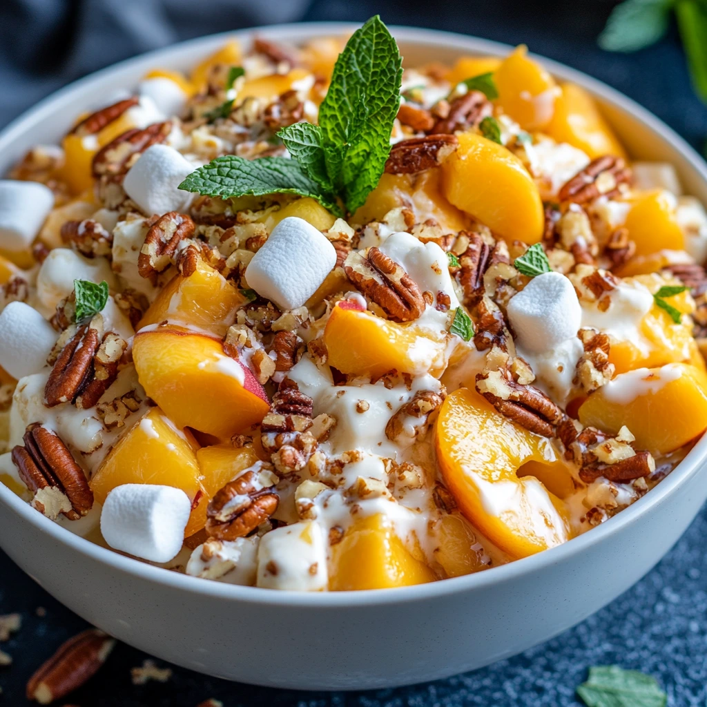 A bowl of Millionaire Peach Salad