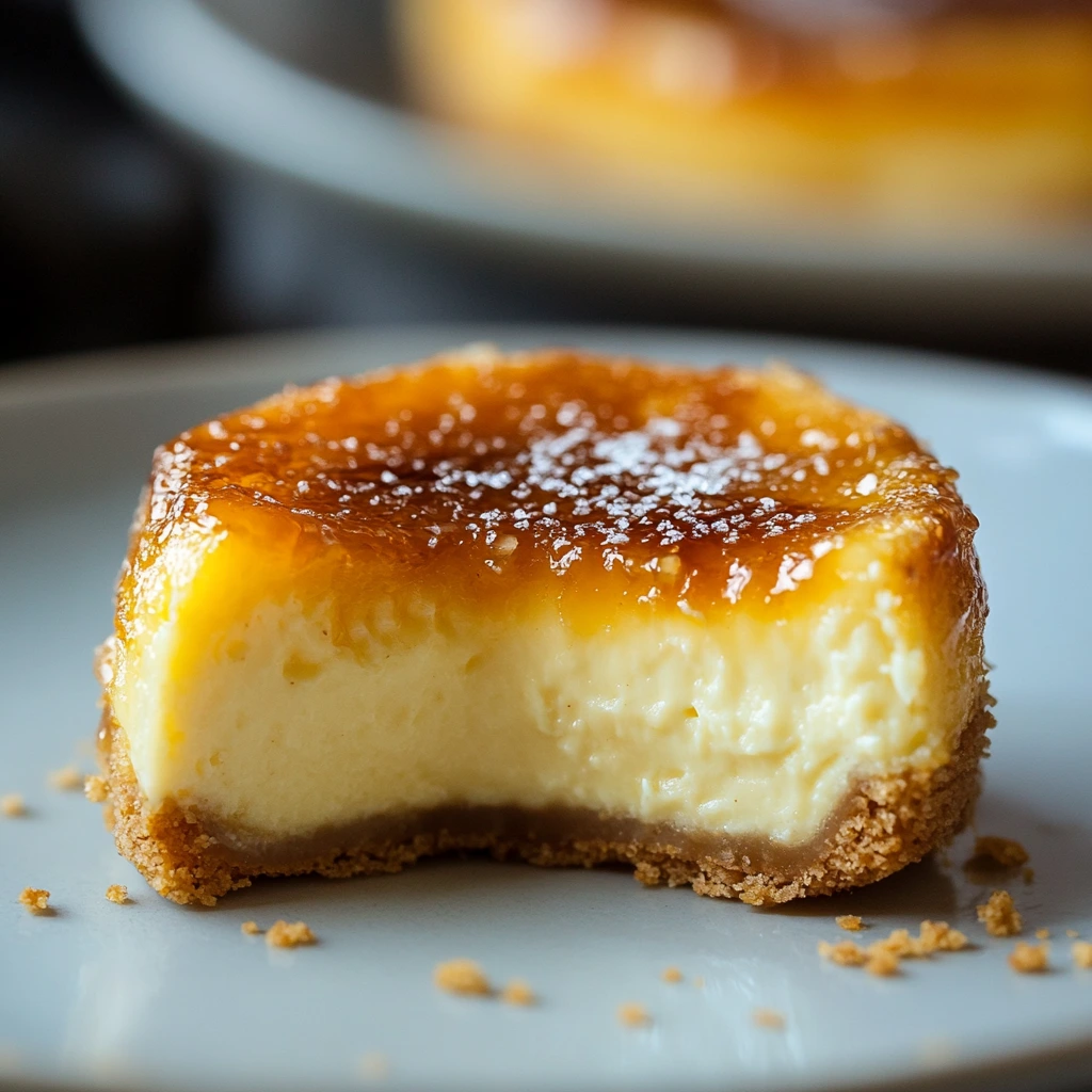 Close-up of a Mini Crème Brûlée Cheesecake with a bite taken out