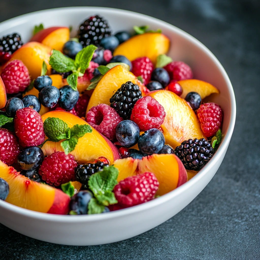 Peach berry fruit salad in a bowl
