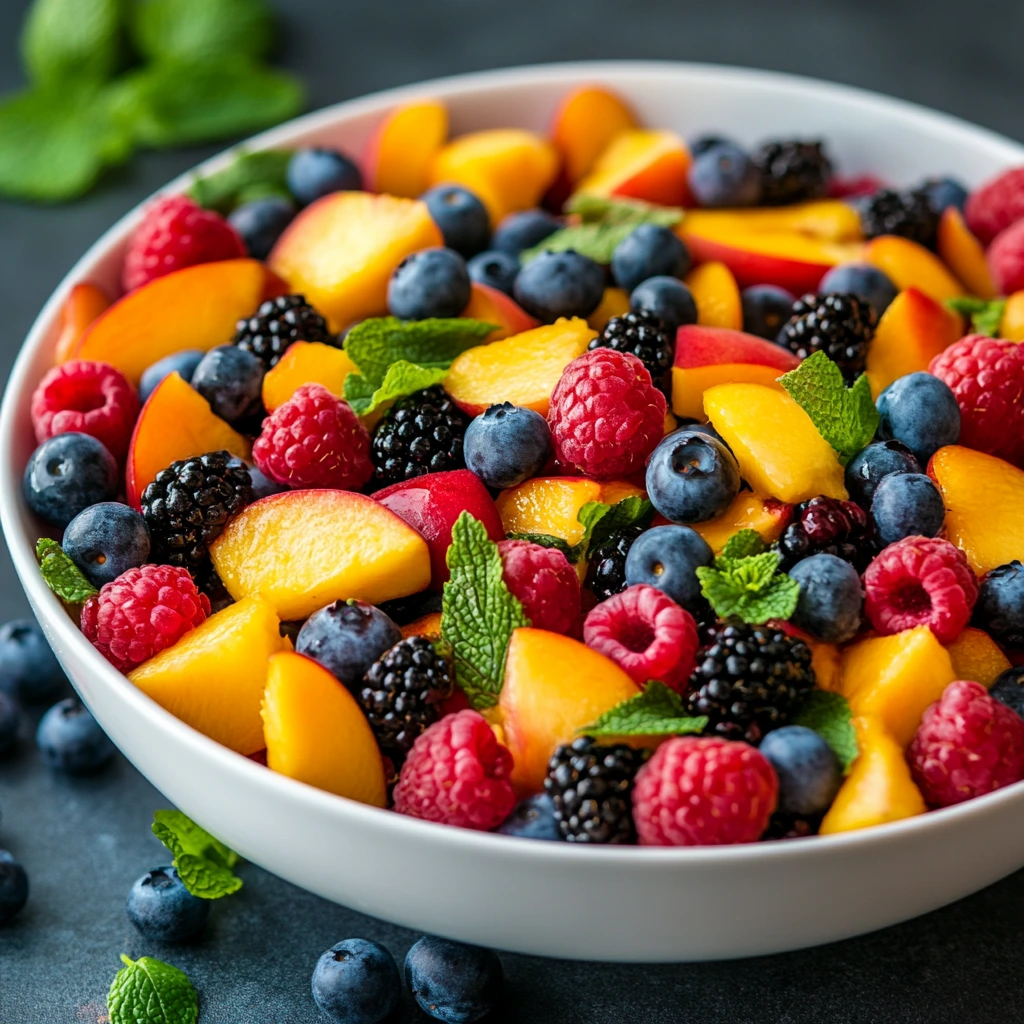 Peach berry fruit salad in a bowl