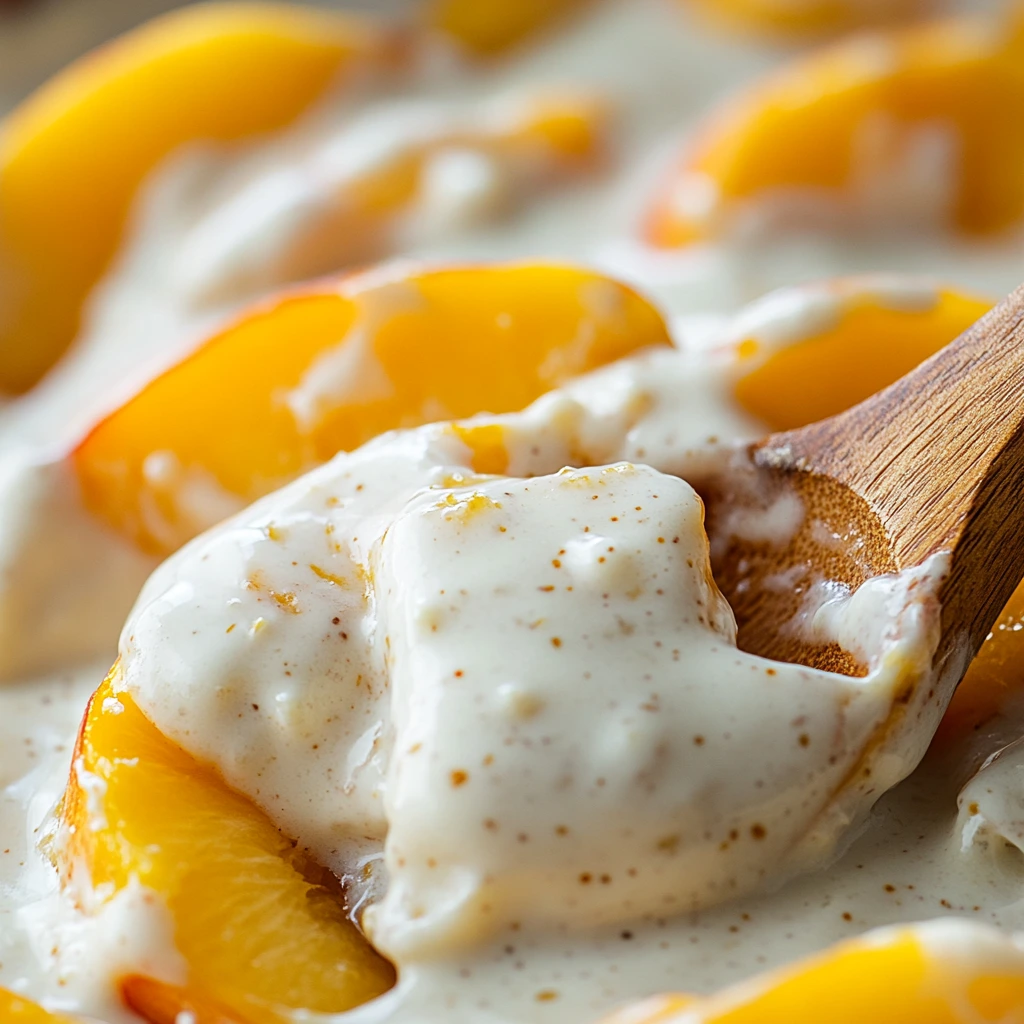 Peach Cheesecake Salad on a wooden spoon, close-up