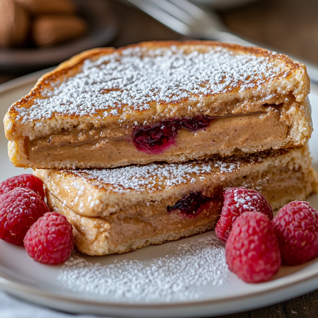 Two slices of peanut butter and jelly French toast