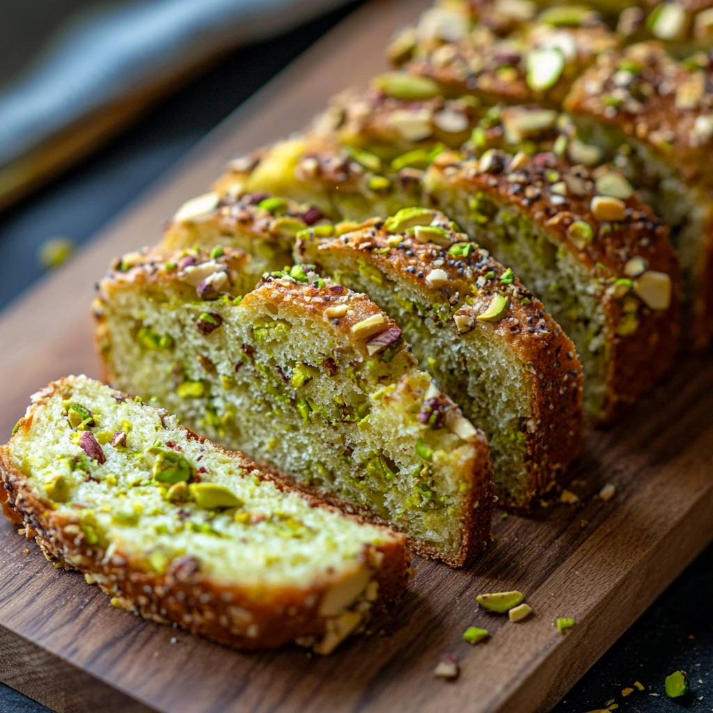 Sliced Pistachio Pudding Bread on a cutting board