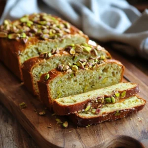 Sliced Pistachio Pudding Bread on a cutting board