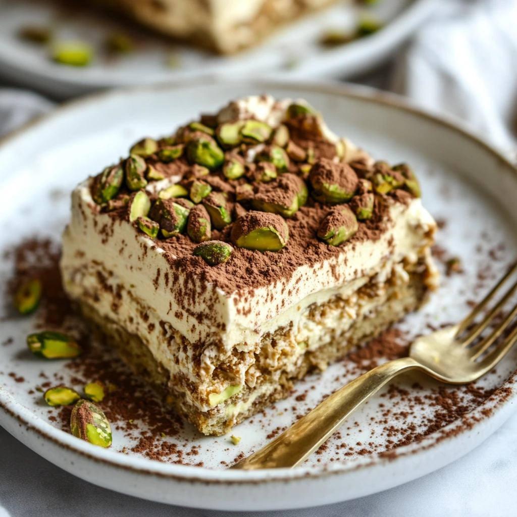 Slice of Pistachio Tiramisu on a Plate