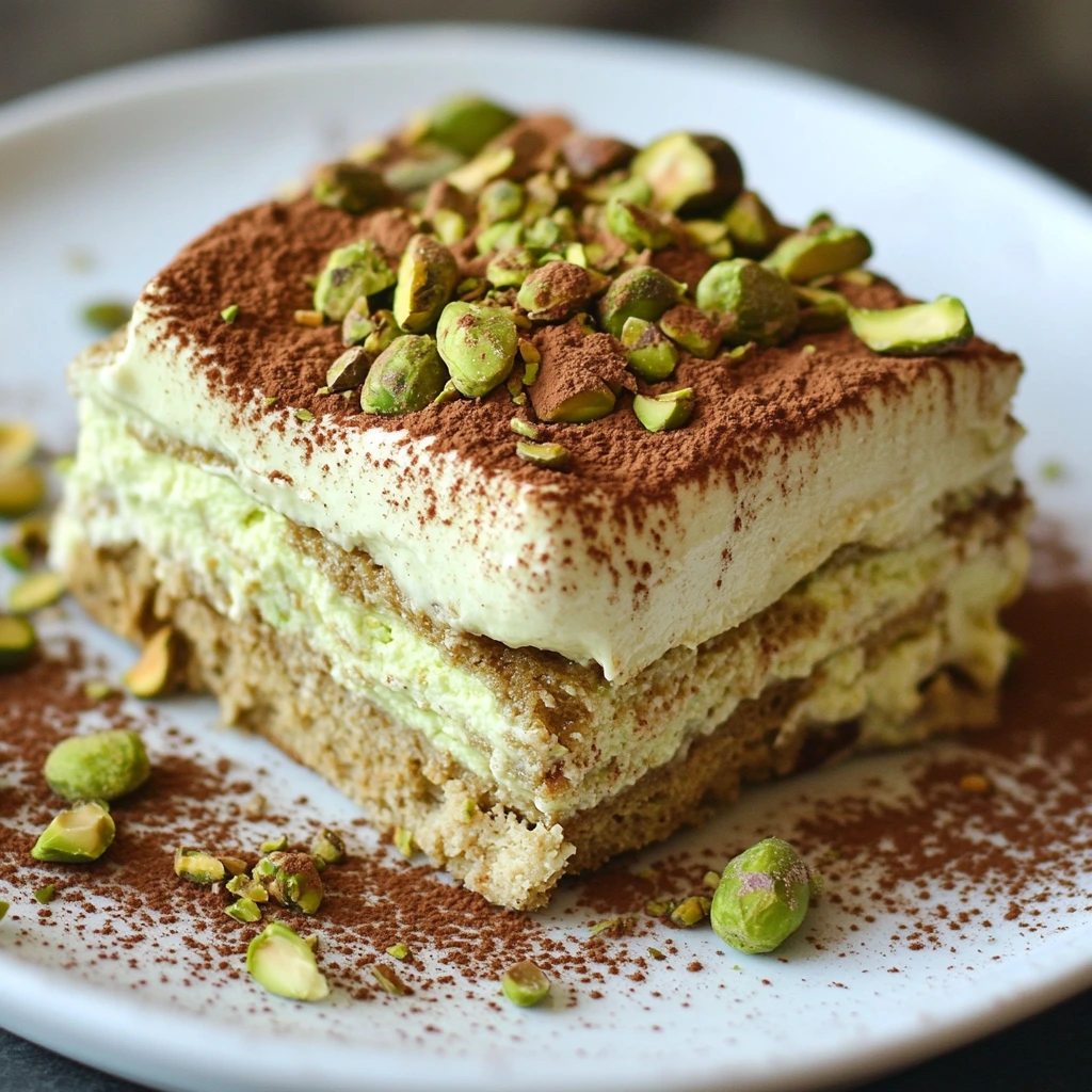 Slice of Pistachio Tiramisu on a Plate