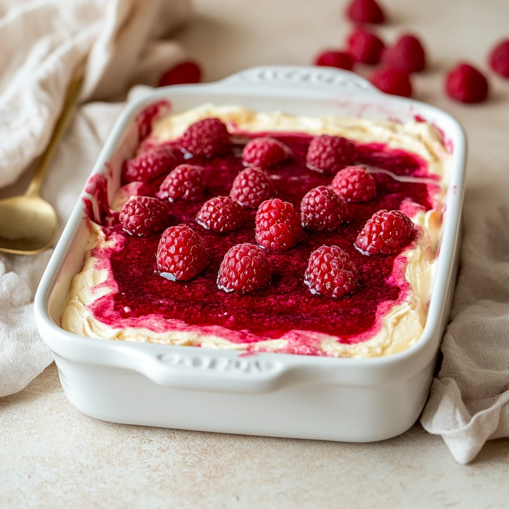 Raspberry Tiramisu in a white baking dish
