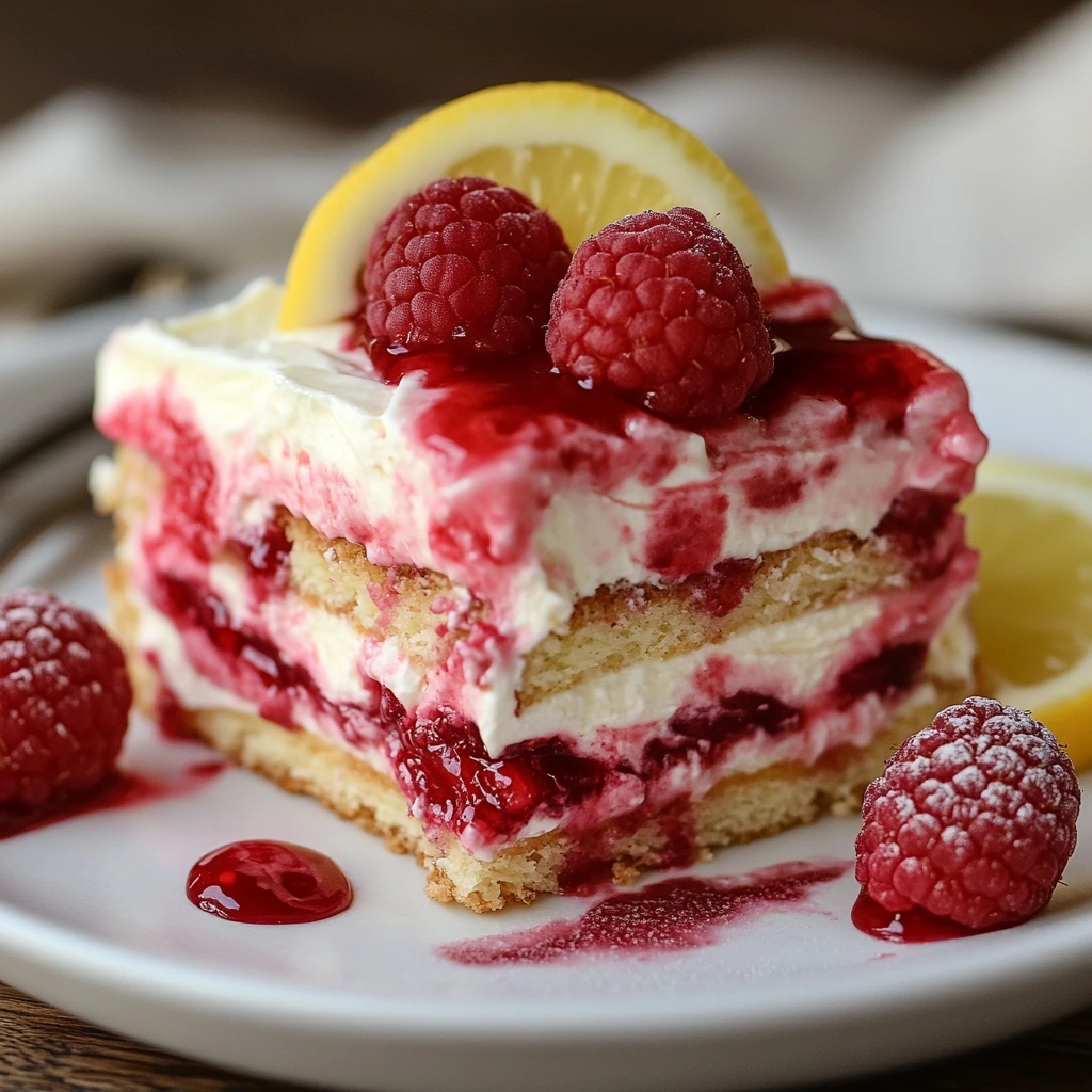 Slice of Raspberry Tiramisu on a white plate