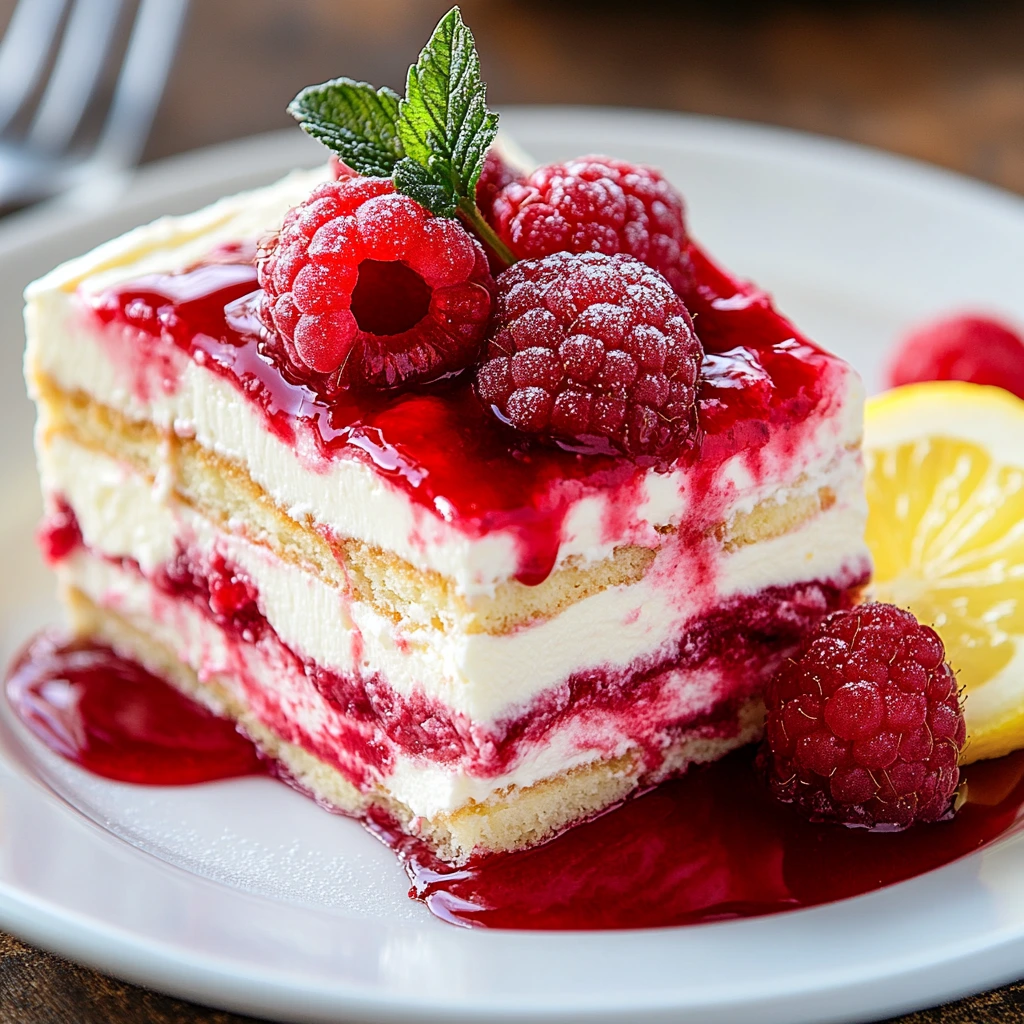 Slice of Raspberry Tiramisu on a white plate
