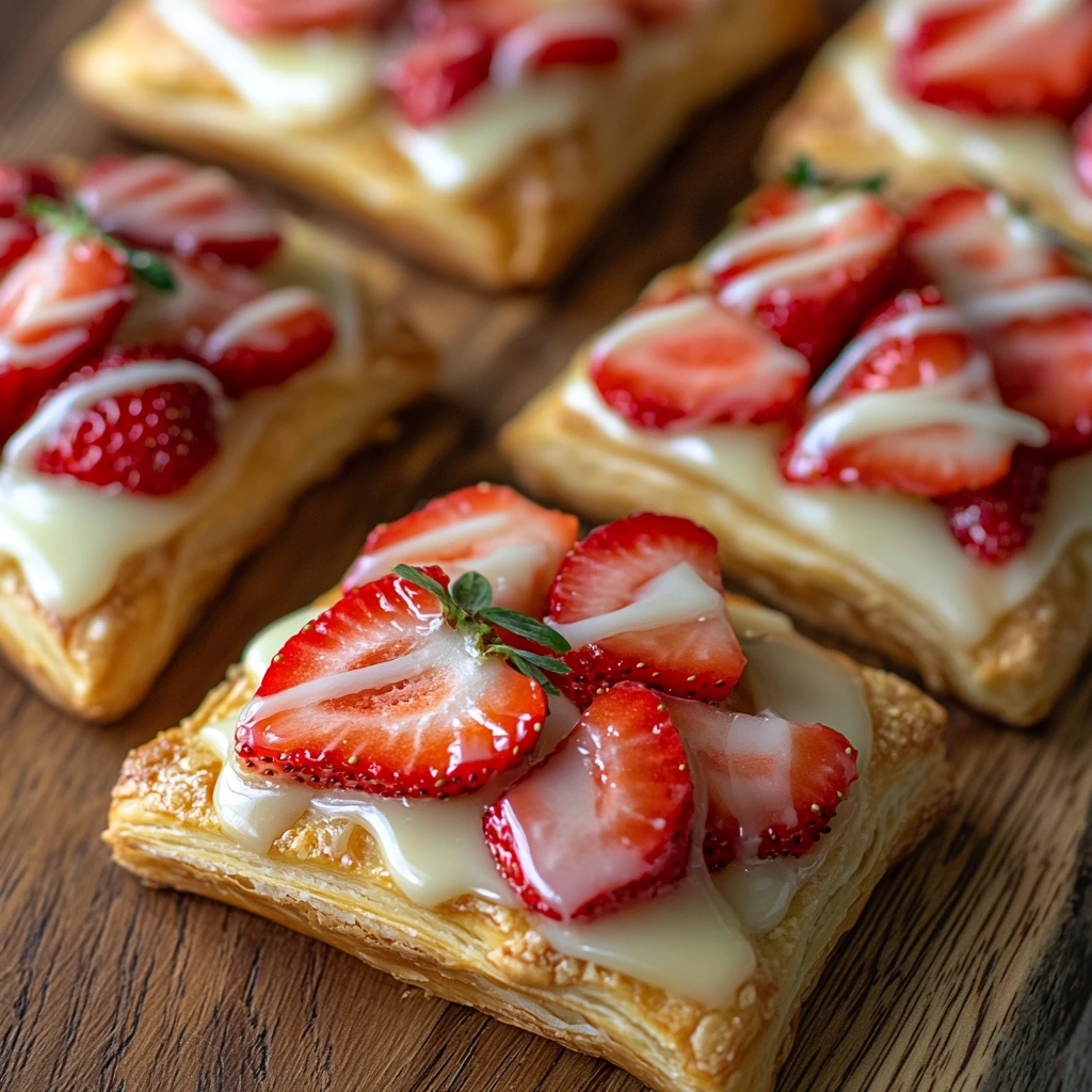 Strawberry Danish pastries on a wooden surface