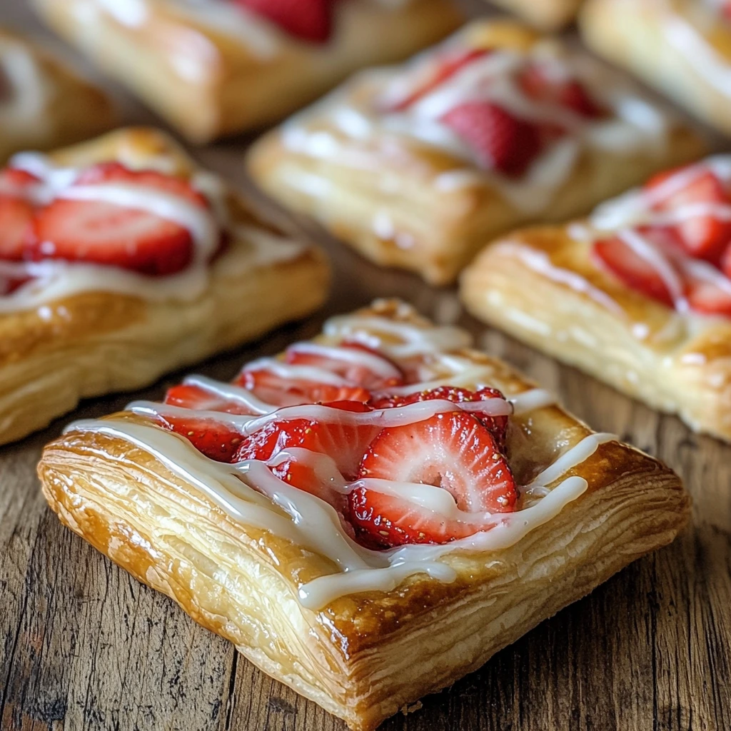 Strawberry Danish pastries on a wooden surface
