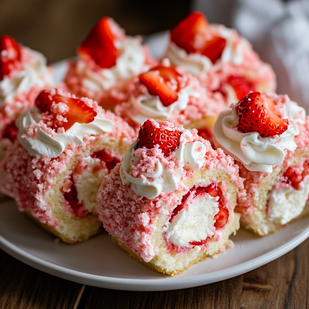 Sweet Strawberry Shortcake Cheesecake Rolls on a plate
