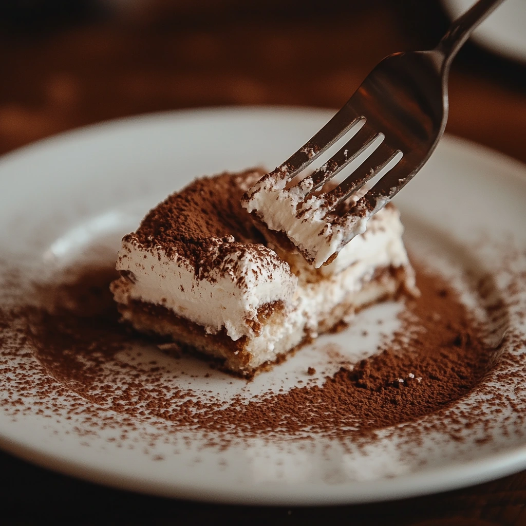 Slice of tiramisu on a fork