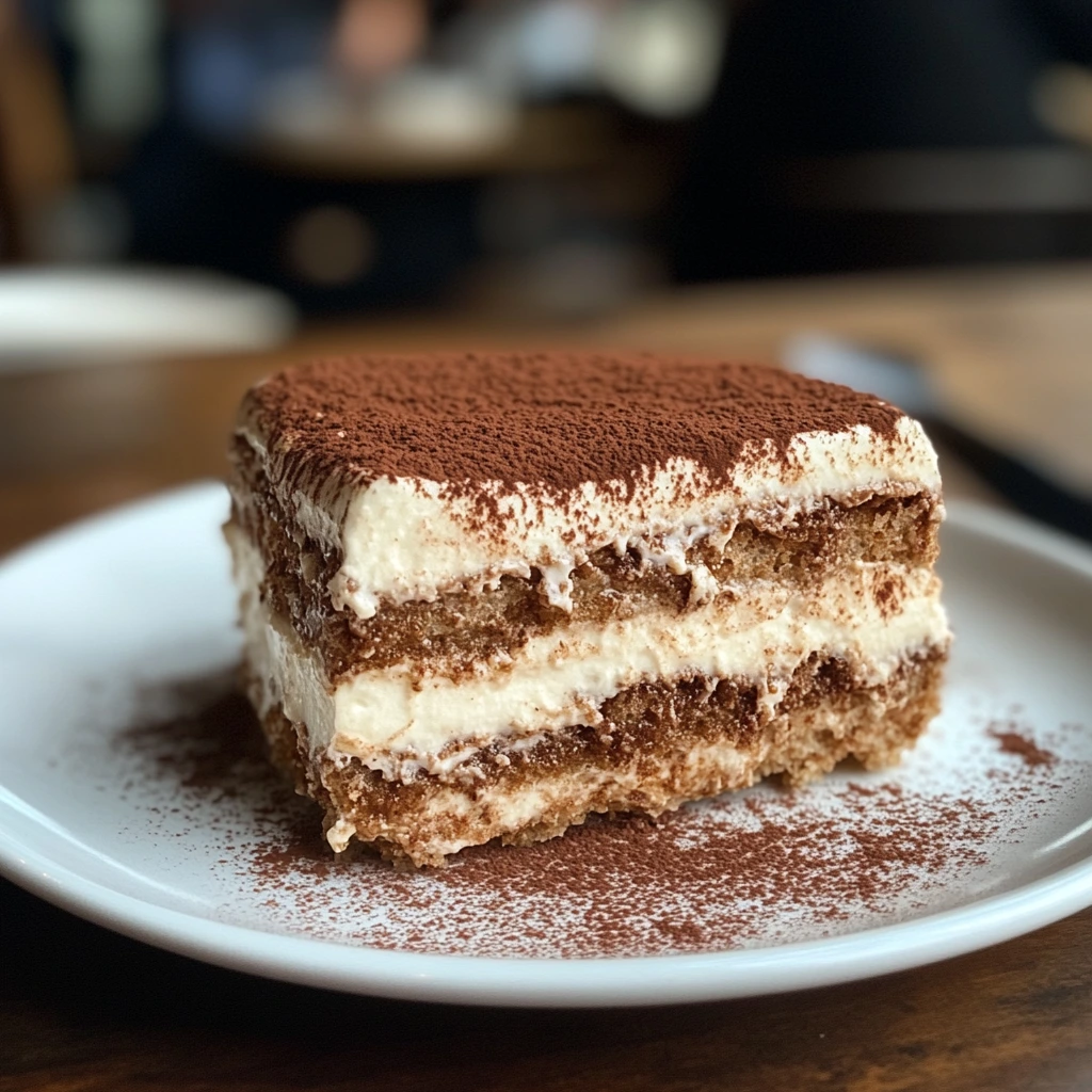 Close-up of a slice of tiramisu covered in cocoa powde