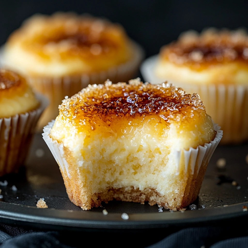 Vanilla Bean Crème Brûlée Cheesecake Cupcake with a bite taken out