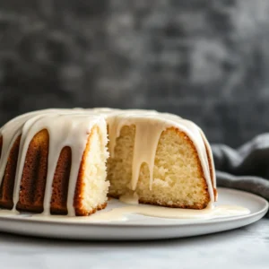 Vanilla Buttermilk Pound Cake with Cream Cheese Glaze, slice removed