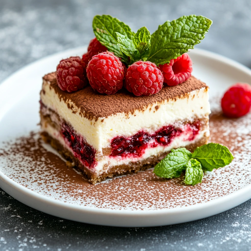 Slice of White Chocolate Raspberry Tiramisu on a white plate