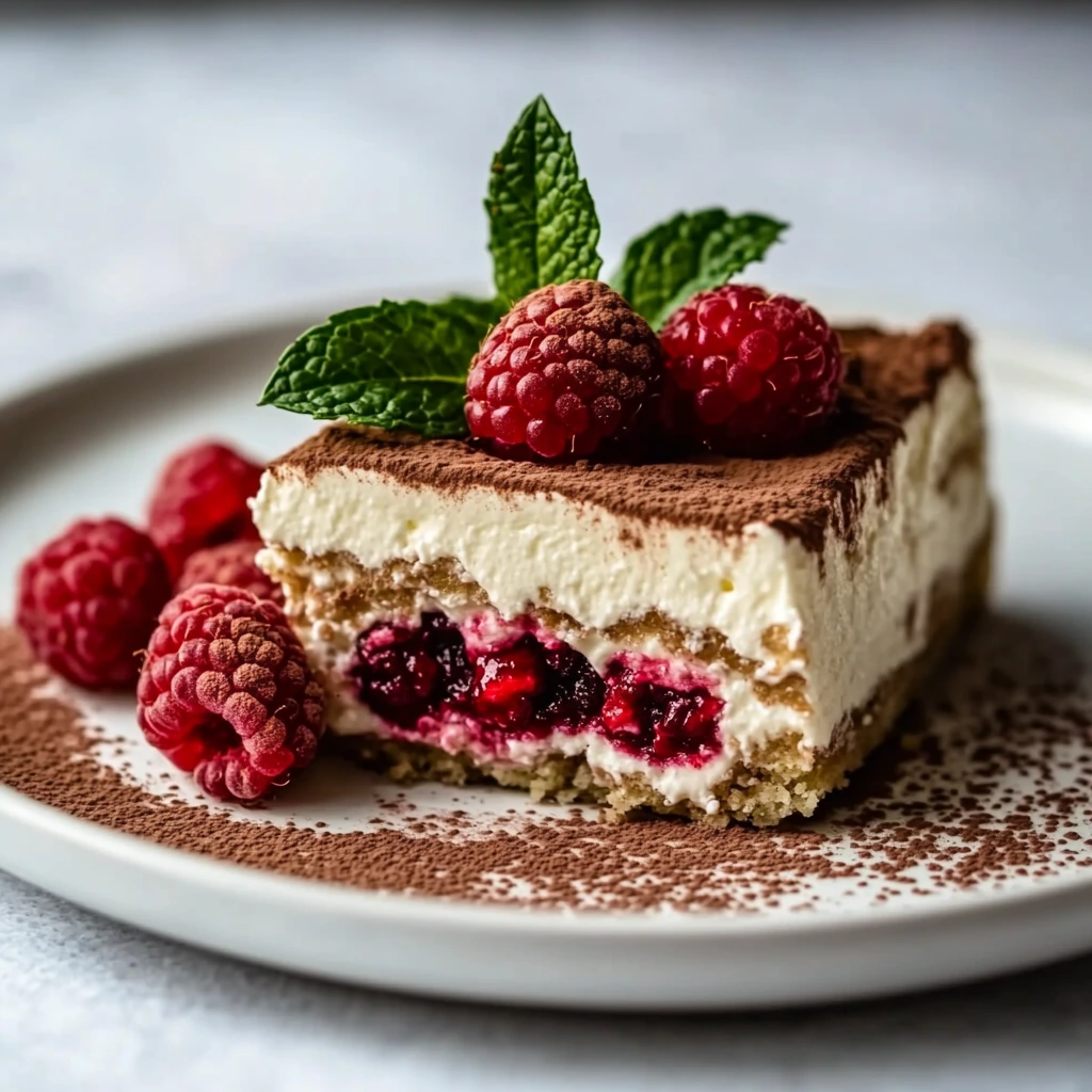 Slice of White Chocolate Raspberry Tiramisu on a white plate