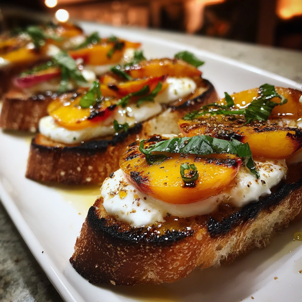 Grilled Peach Burrata Bruschetta with Hot Honey