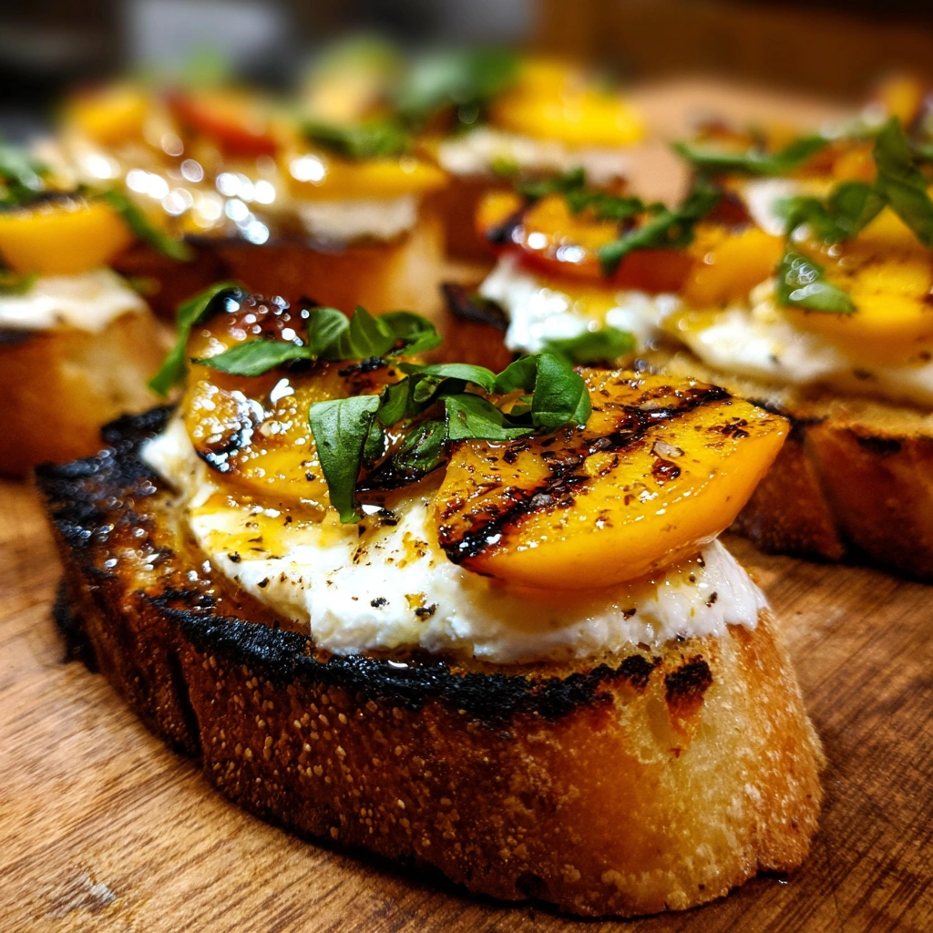 Grilled Peach Burrata Bruschetta with Hot Honey
