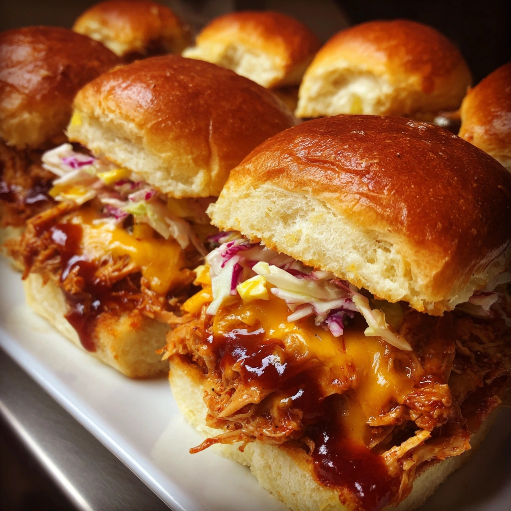 Cheesy BBQ Pulled Chicken Sliders