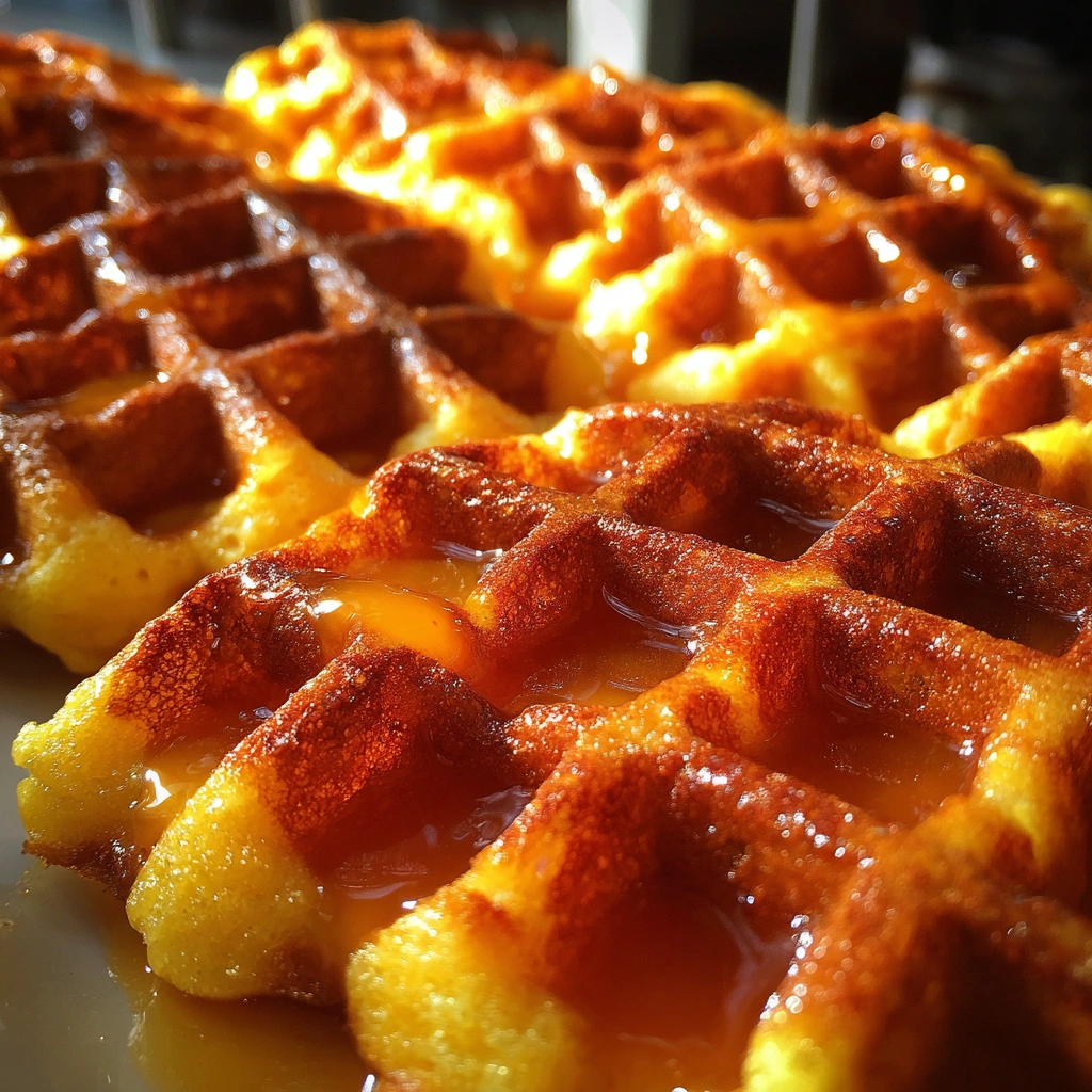 Cornbread Waffles with Peach Syrup