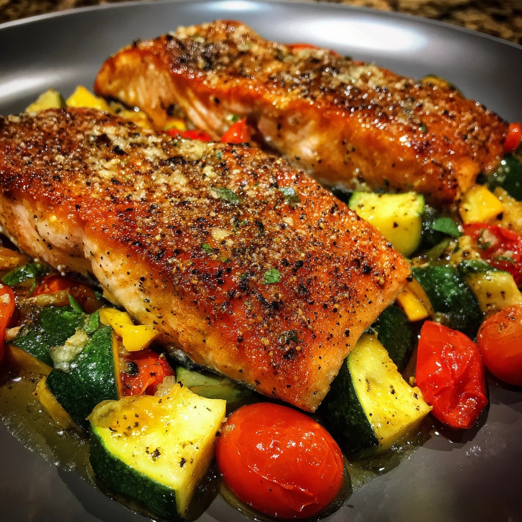 Crispy Lemon Garlic Salmon with Summer Veggies