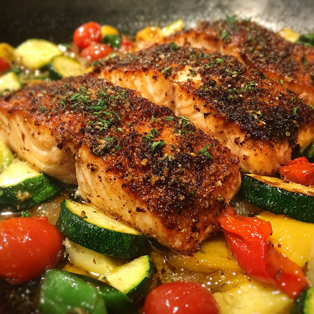 Crispy Lemon Garlic Salmon with Summer Veggies