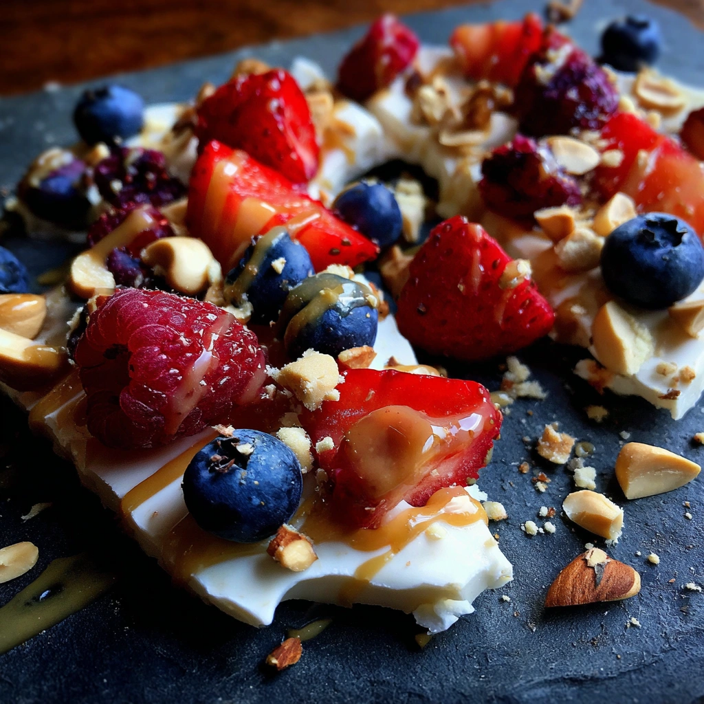Frozen Greek Yogurt Bark with Peanut Butter & Berries