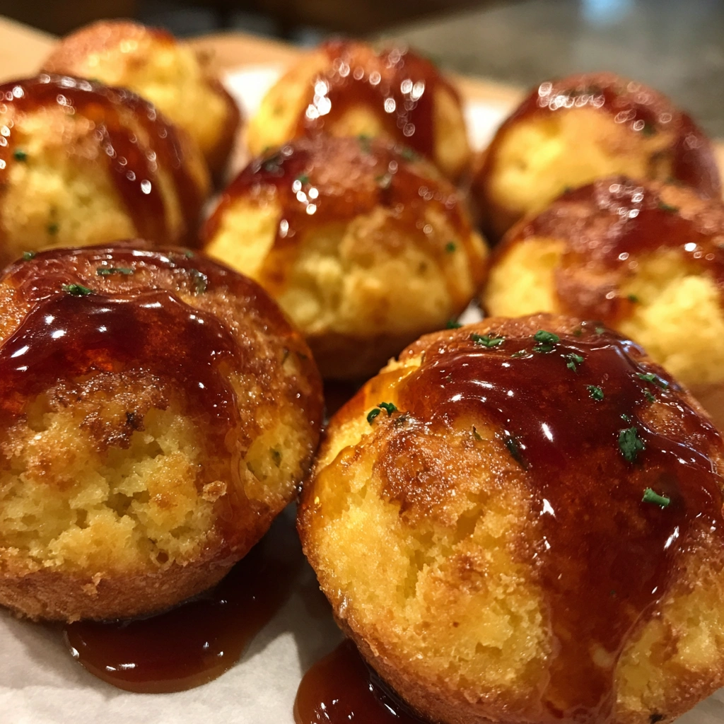 Honey Butter Cornbread Poppers with Jalapeño Drizzle