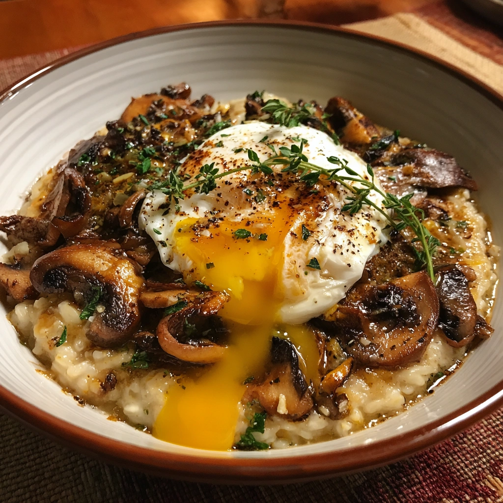 Oatmeal with Mushrooms and Poached Egg