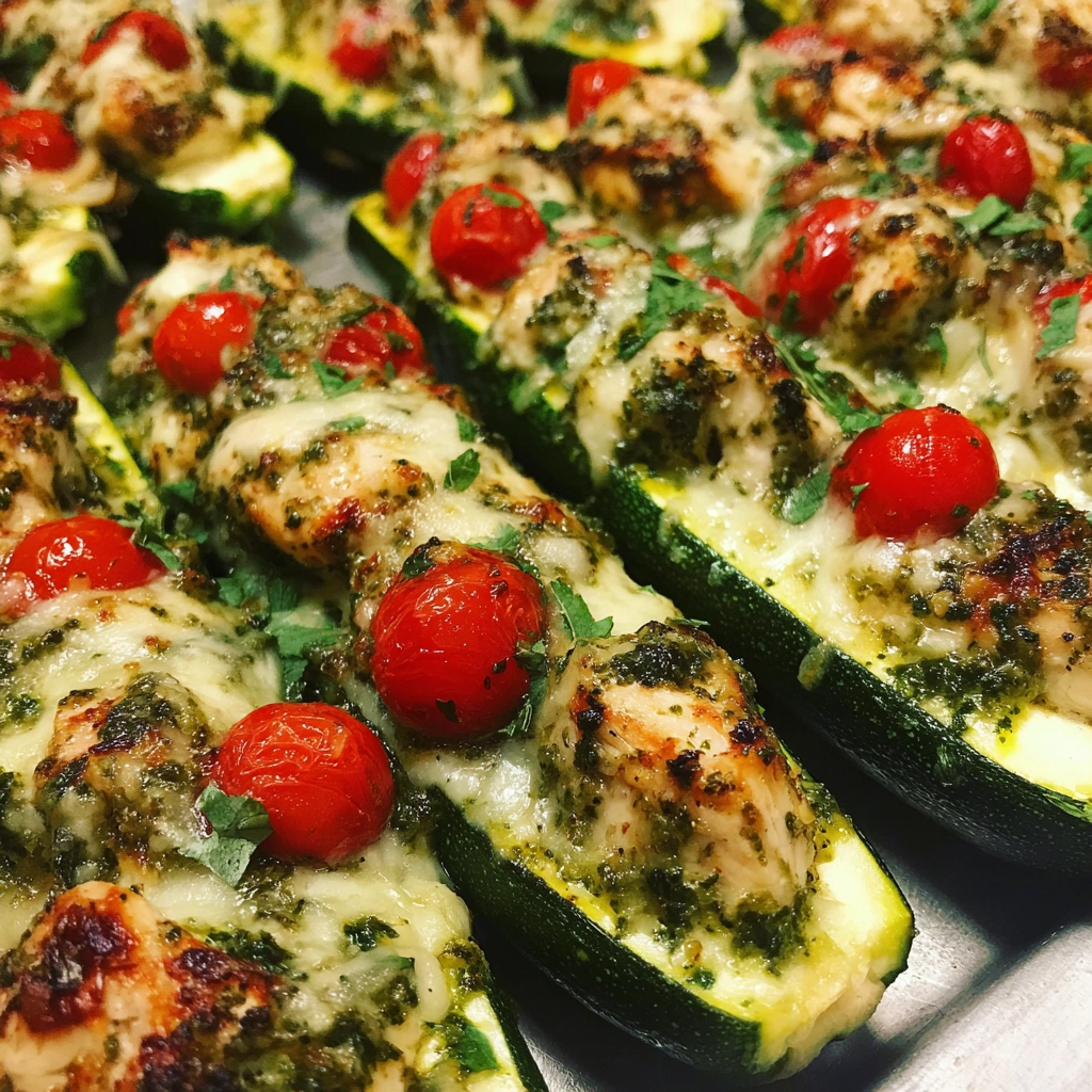 Pesto Chicken Stuffed Zucchini Boats