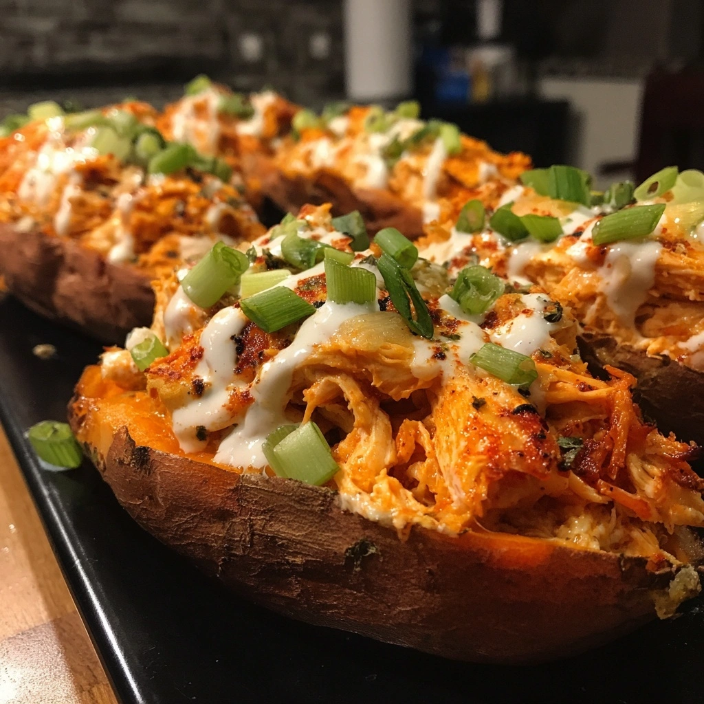 Buffalo Chicken Stuffed Sweet Potatoes