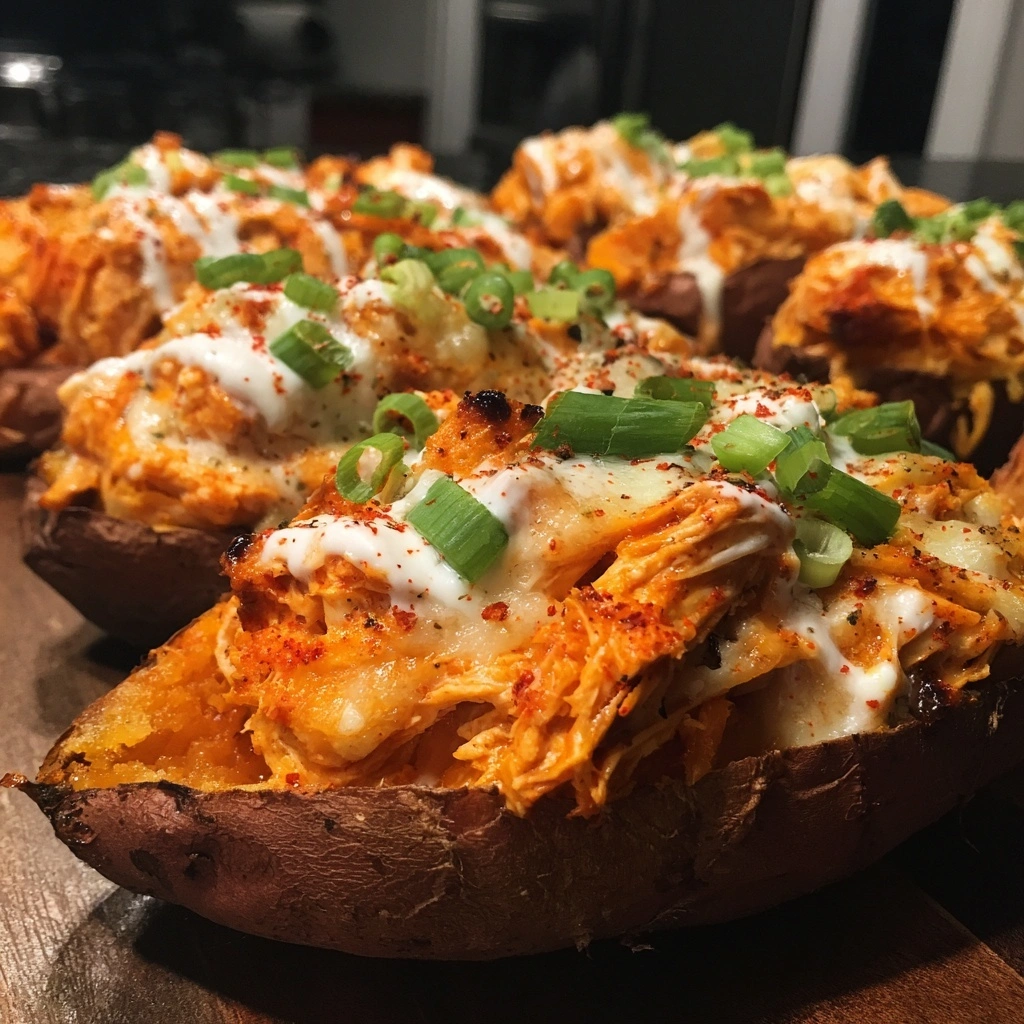 Buffalo Chicken Stuffed Sweet Potatoes