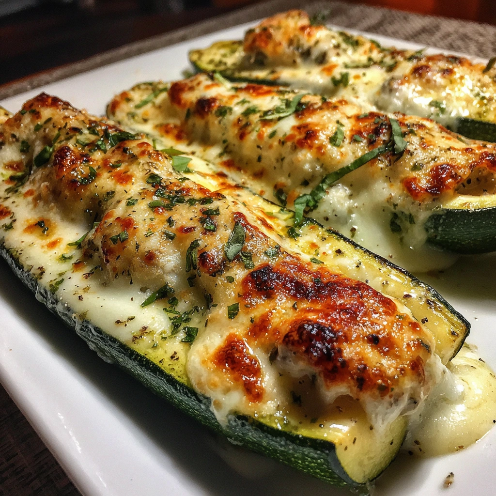 Chicken Alfredo Stuffed Zucchini Boats