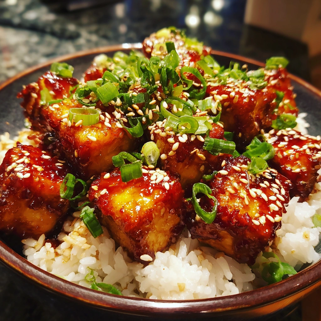 Crispy Honey Garlic Tofu Rice Bowl