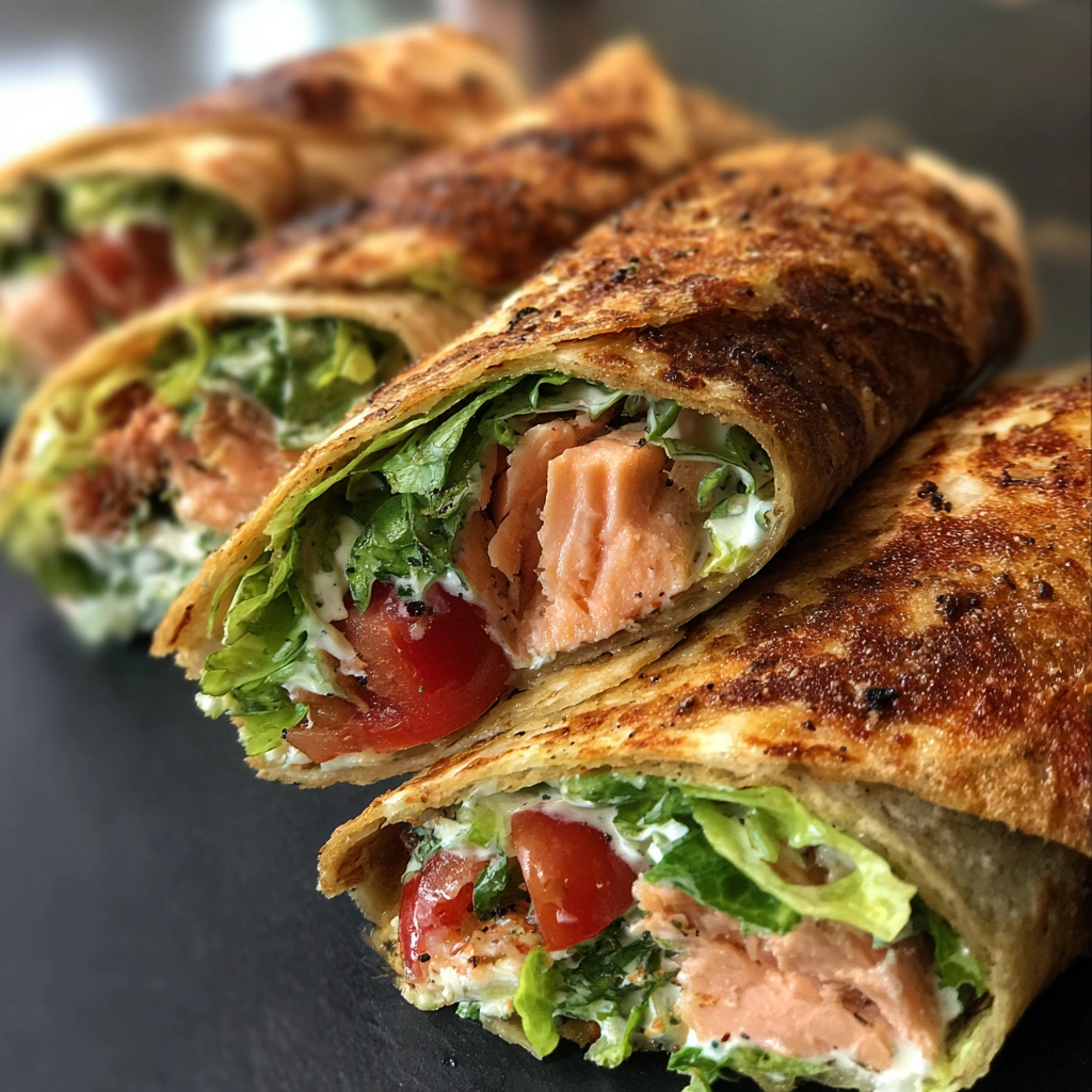 Crispy Salmon Caesar Salad Wraps