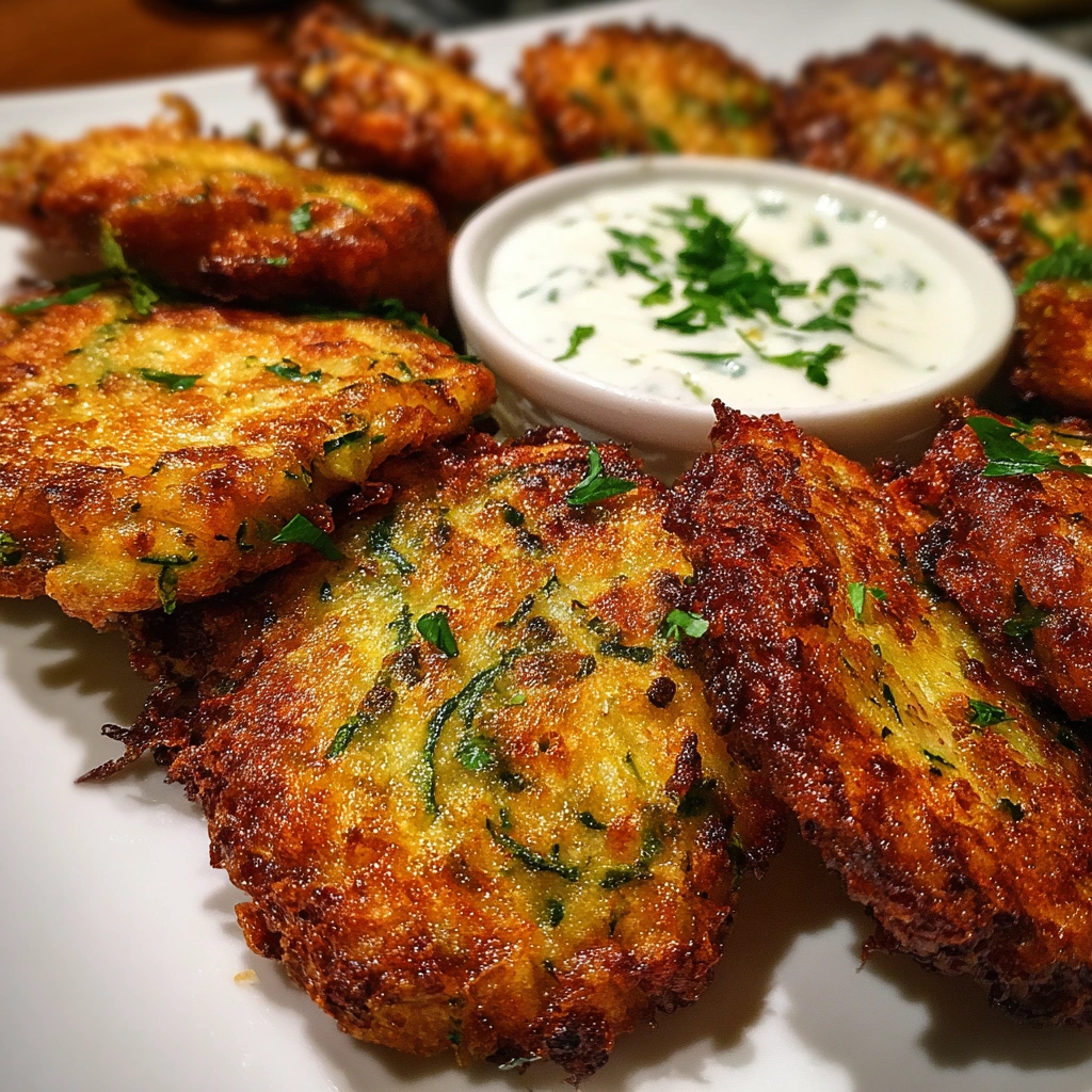 Crispy Zucchini Fritters with Garlic Yogurt Dip