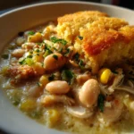 Crockpot White Chicken Chili with Cornbread Topping