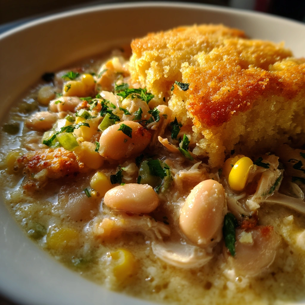 Crockpot White Chicken Chili with Cornbread Topping