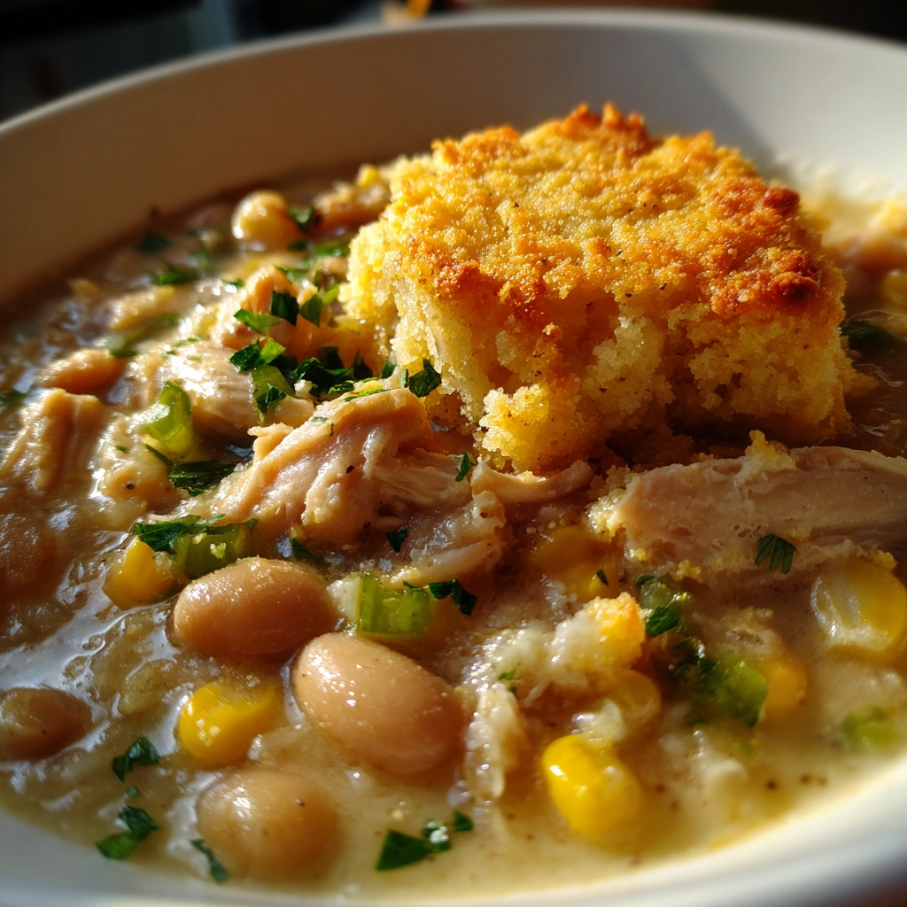 Crockpot White Chicken Chili with Cornbread Topping